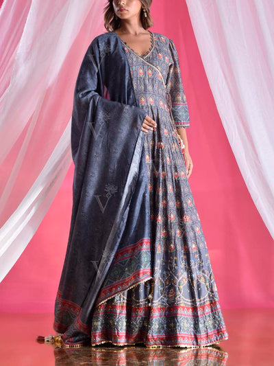 Grey Vasansi Silk Printed Anarkali Gown