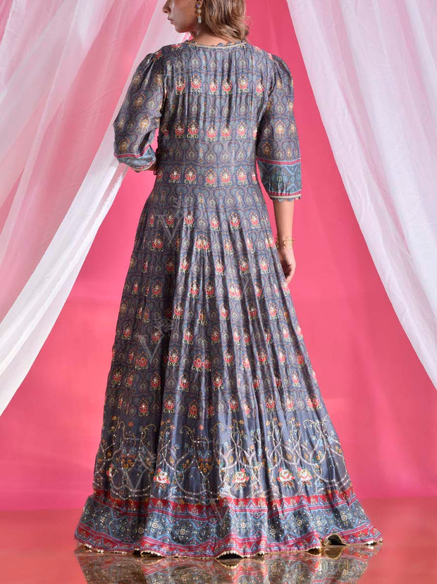 Grey Vasansi Silk Printed Anarkali Gown