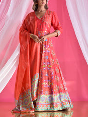 Red Vasansi Silk Printed Anarkali Gown