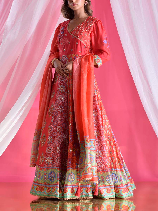 Red Vasansi Silk Printed Anarkali Gown