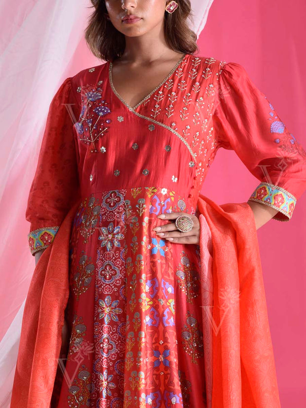 Red Vasansi Silk Printed Anarkali Gown