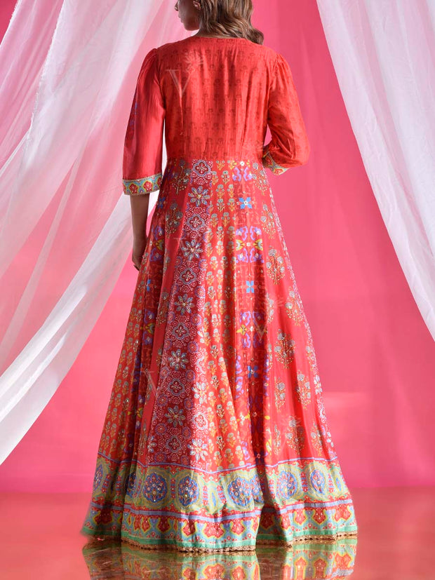 Red Vasansi Silk Printed Anarkali Gown