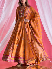 Ochre Vasansi Silk Printed Anarkali Gown