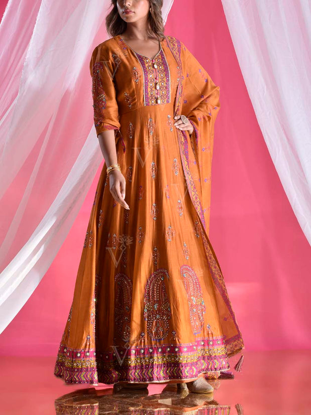 Ochre Vasansi Silk Printed Anarkali Gown