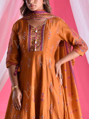 Ochre Vasansi Silk Printed Anarkali Gown