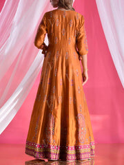 Ochre Vasansi Silk Printed Anarkali Gown