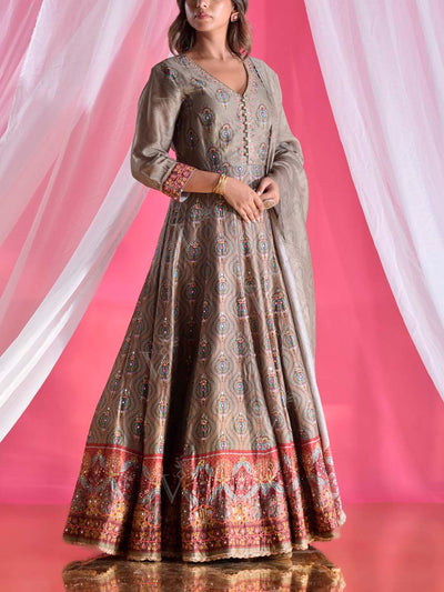 Warm Grey Vasansi Silk Printed Anarkali Gown