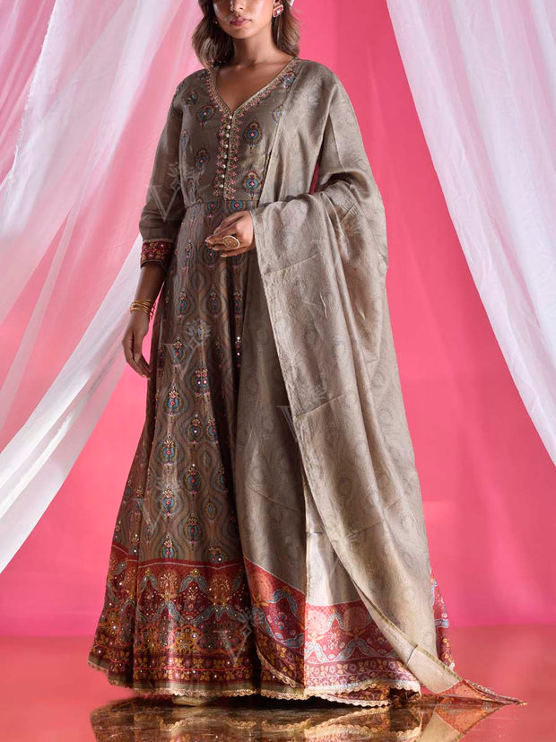 Warm Grey Vasansi Silk Printed Anarkali Gown