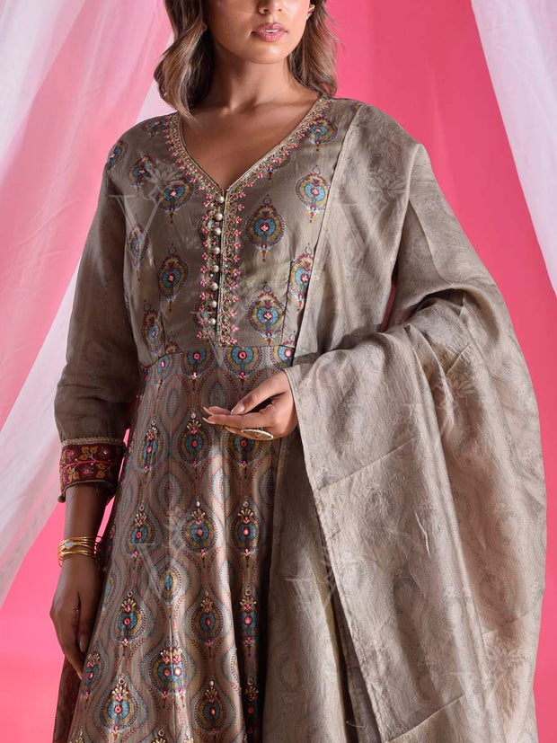 Warm Grey Vasansi Silk Printed Anarkali Gown