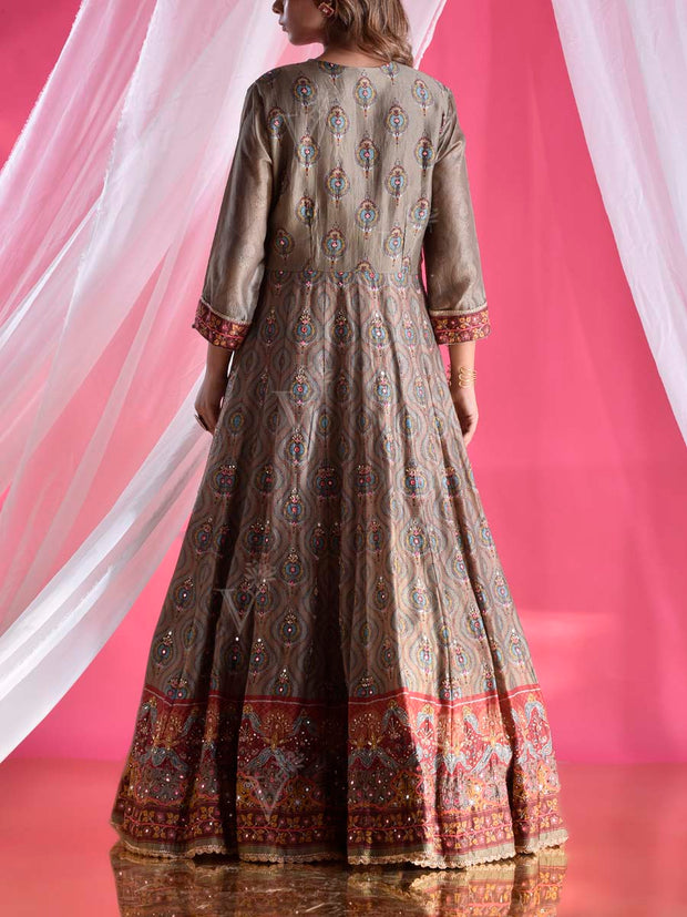 Warm Grey Vasansi Silk Printed Anarkali Gown