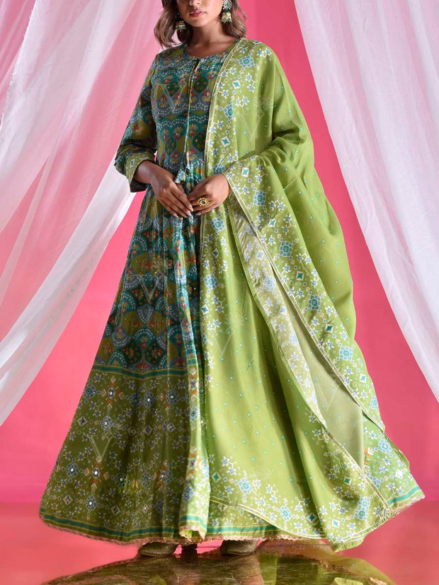 Green Vasansi Silk Patola Printed Anarkali Gown