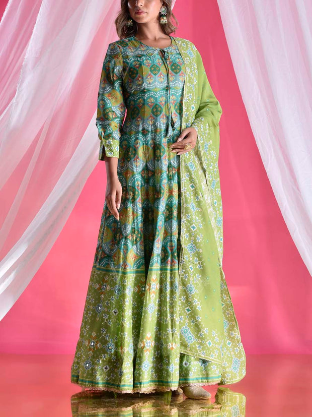 Green Vasansi Silk Patola Printed Anarkali Gown