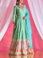 Teal Vasansi Silk  Printed Anarkali Gown