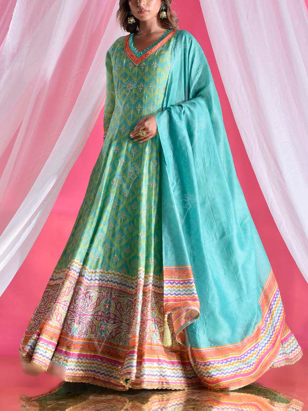 Teal Vasansi Silk  Printed Anarkali Gown