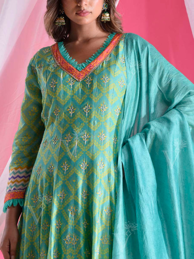 Teal Vasansi Silk  Printed Anarkali Gown