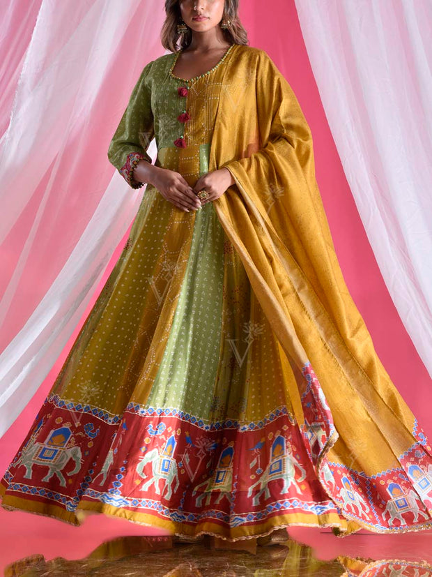 Green Vasansi Silk Patola Printed Anarkali Gown