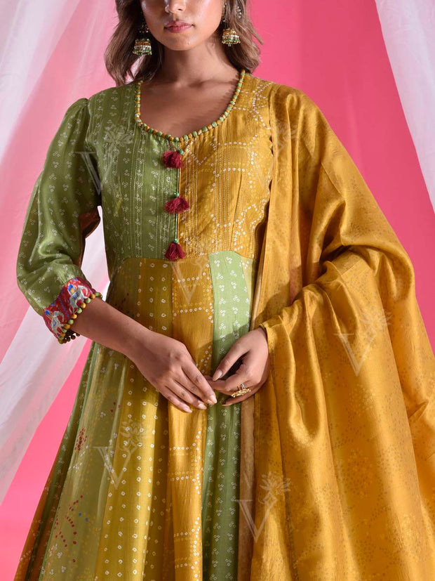 Green Vasansi Silk Patola Printed Anarkali Gown