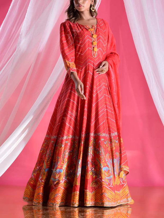 Red Vasansi Silk Printed Leheriya Anarkali Gown