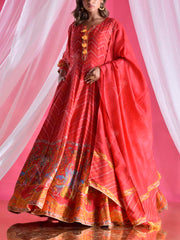 Red Vasansi Silk Printed Leheriya Anarkali Gown