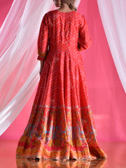 Red Vasansi Silk Printed Leheriya Anarkali Gown