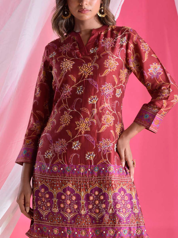 Maroon Vasansi Silk  Printed Embroidered Co-ord Set