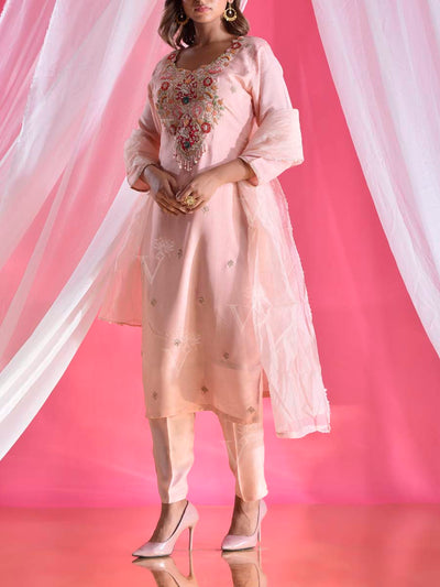 Powder Pink Silk Embroidered Suit Set