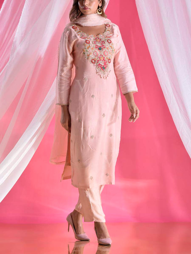 Powder Pink Silk Embroidered Suit Set