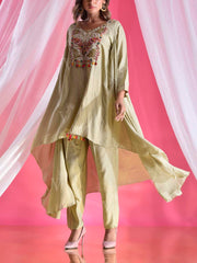 Tea Green Silk Embroidered Asymmetric Top and Pant Set