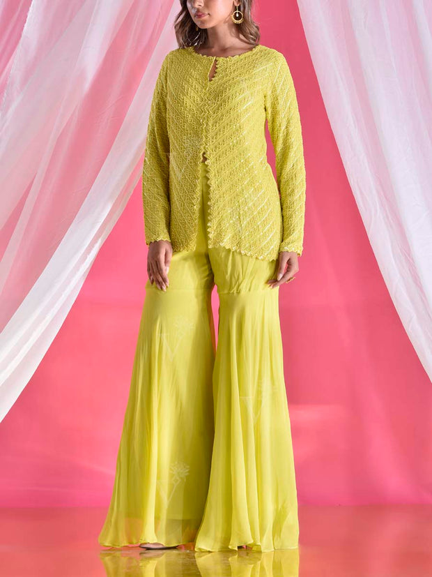 Chartreuse Yellow Embroidered Jacket and Sharara Set