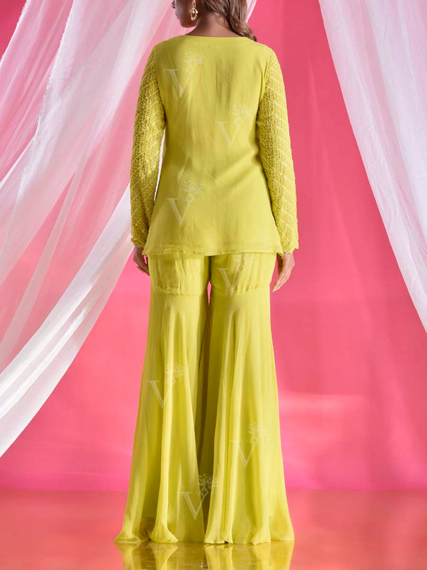 Chartreuse Yellow Embroidered Jacket and Sharara Set