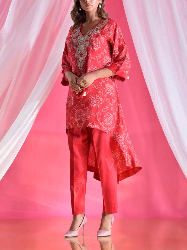 Red Silk Bandhani Asymmetric Embroidered Pant Set