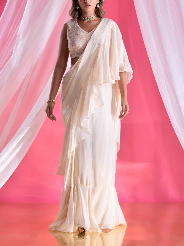 Cream Wrinkle Crepe Pre Drape Saree