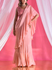 Salmon Pink Wrinkle Crepe Pre Drape Saree