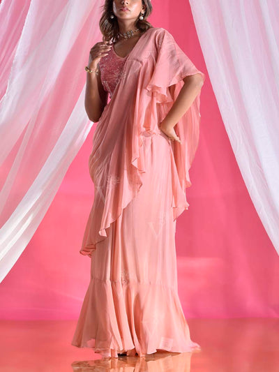 Salmon Pink Wrinkle Crepe Pre Drape Saree