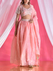 Pink Tissue Silk Embroidered Lehenga Set