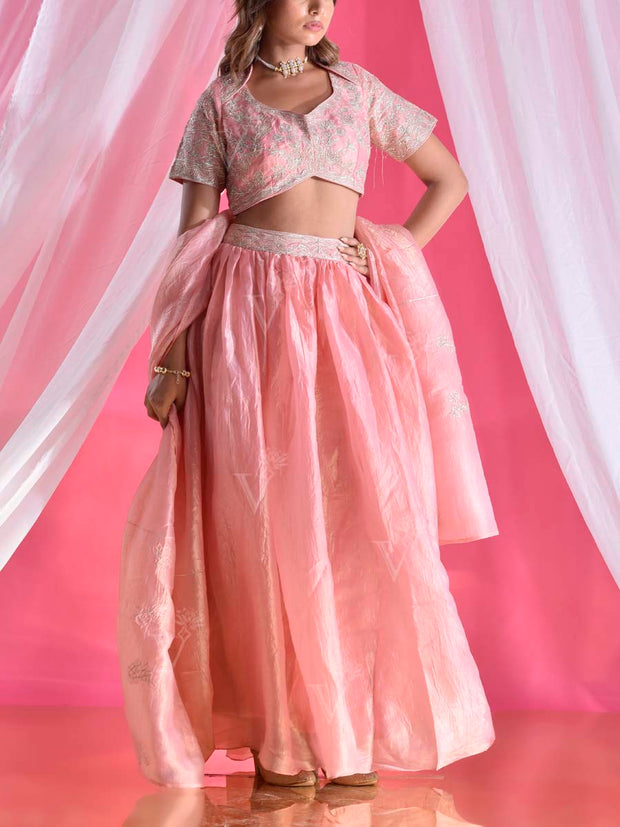 Pink Tissue Silk Embroidered Lehenga Set