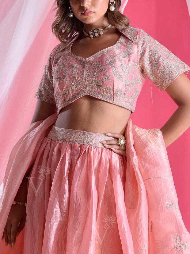 Pink Tissue Silk Embroidered Lehenga Set