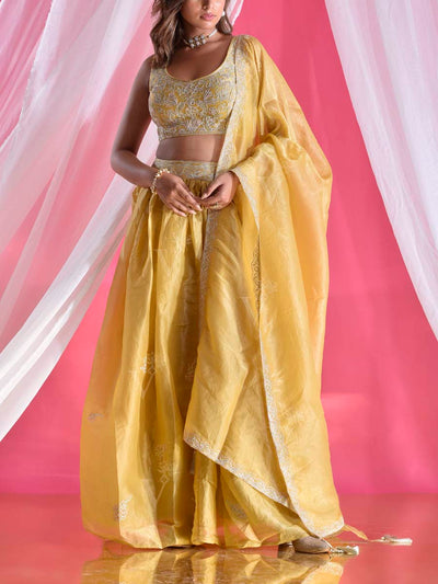 Yellow Tissue Silk Embroidered Lehenga Set