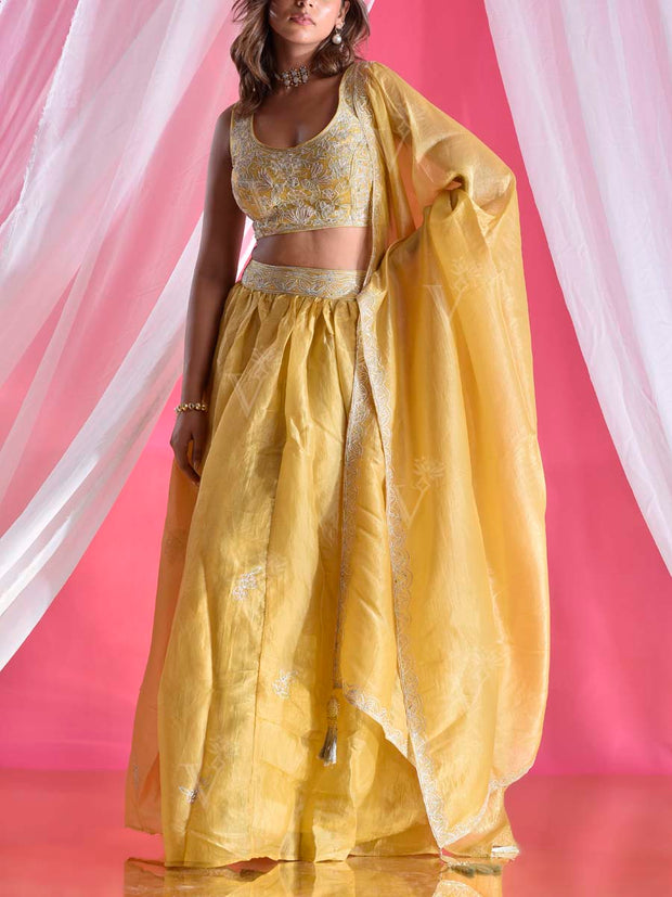 Yellow Tissue Silk Embroidered Lehenga Set