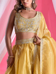 Yellow Tissue Silk Embroidered Lehenga Set