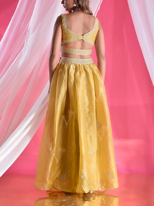 Yellow Tissue Silk Embroidered Lehenga Set