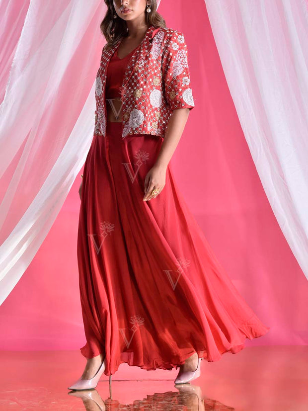 Red Embroidered Jacket and Palazzo Set