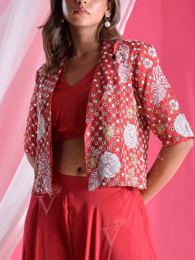 Red Embroidered Jacket and Palazzo Set