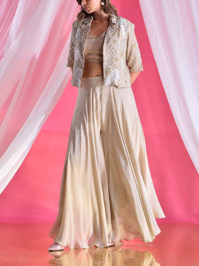 Beige Embroidered Jacket and Palazzo Set