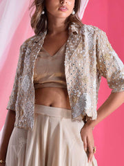 Beige Embroidered Jacket and Palazzo Set