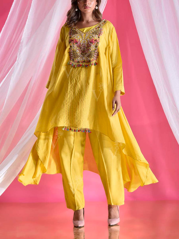 Yellow Silk Asymmetric Embroidered Pant Set