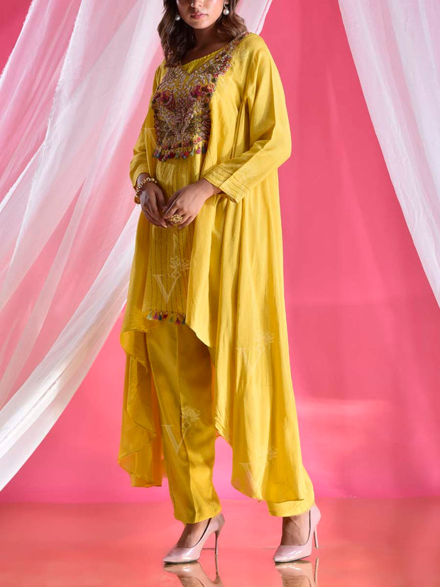 Yellow Silk Asymmetric Embroidered Pant Set