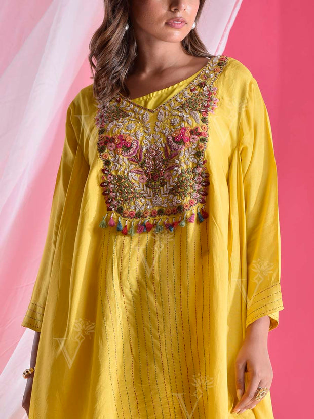 Yellow Silk Asymmetric Embroidered Pant Set