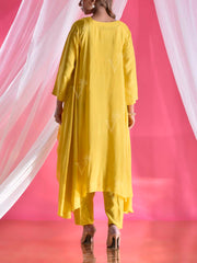 Yellow Silk Asymmetric Embroidered Pant Set