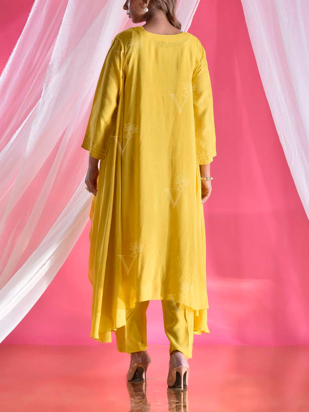 Yellow Silk Asymmetric Embroidered Pant Set